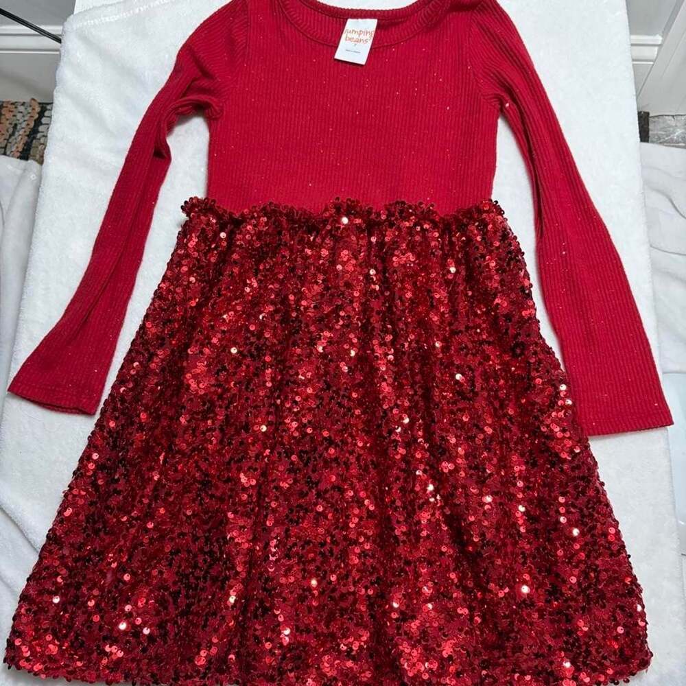 Jumping Beans Red Sequin Dress Size 7 Long Sleeve Party Dress